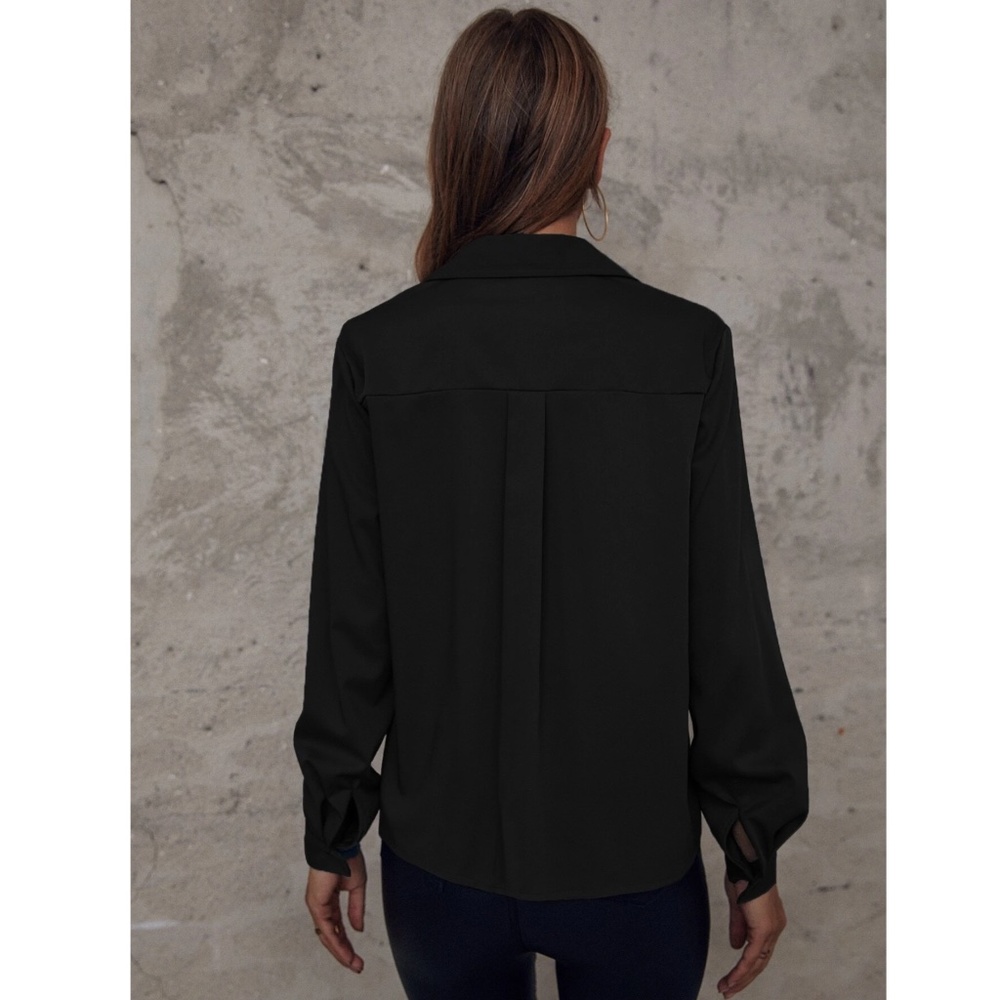 Black Casual Button Up / Down Shirt Collar, V-Neck Button Front Long Sleeve - Picture 4 of 6